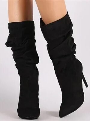 Stylish High Heel Pointed Toe Mid-Calf Suede Slouch Boots - Image 8