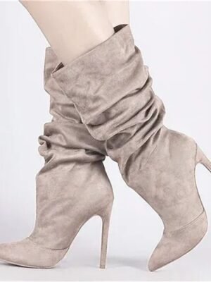 Stylish High Heel Pointed Toe Mid-Calf Suede Slouch Boots - Image 9