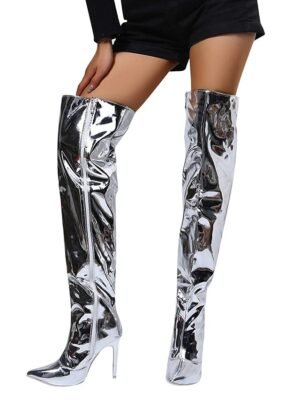 Stylish High Heel Pointed Toe Silver Over-the-Knee Boots - Image 4