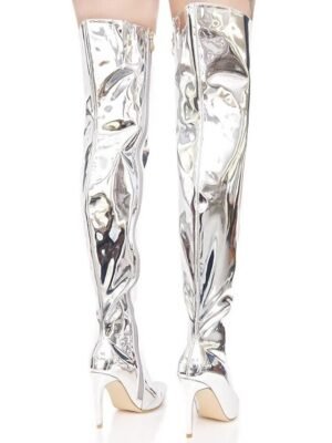 Stylish High Heel Pointed Toe Silver Over-the-Knee Boots - Image 6