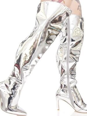 Stylish High Heel Pointed Toe Silver Over-the-Knee Boots - Image 7