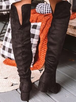 Stylish Khaki Faux Suede Over-the-Knee Block Heel Boots - Image 5