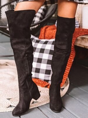 Stylish Khaki Faux Suede Over-the-Knee Block Heel Boots - Image 7