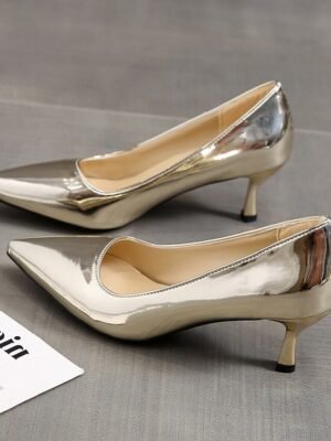 Stylish Kitten Heel Metallic Pointed Toe Pumps - Image 1