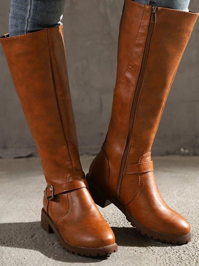 Stylish Knee-High Buckle Faux Leather Riding Boots - Image 1