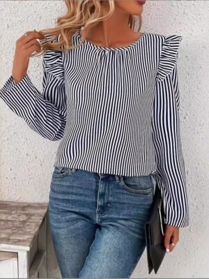 Stylish Loose Striped Crew Neck Long Sleeve Asymmetric Hem Tunic - Image 3