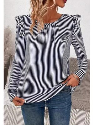 Stylish Loose Striped Crew Neck Long Sleeve Asymmetric Hem Tunic - Image 4