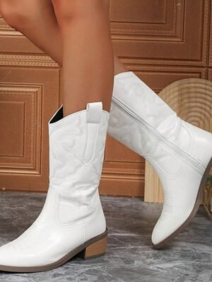 Stylish Mid-Calf Embroidered White Cowboy Boots - Image 1