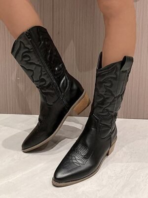 Stylish Mid-Calf Embroidered White Cowboy Boots - Image 10