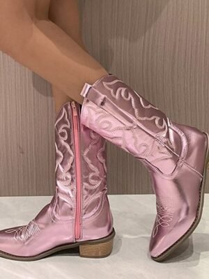 Stylish Mid-Calf Embroidered White Cowboy Boots - Image 16