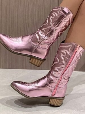 Stylish Mid-Calf Embroidered White Cowboy Boots - Image 17