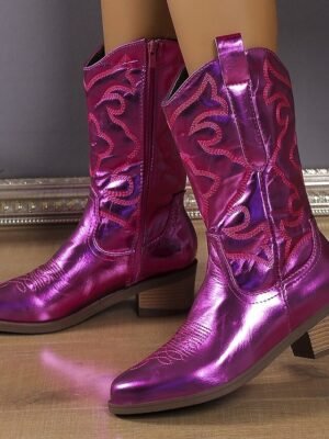 Stylish Mid-Calf Embroidered White Cowboy Boots - Image 18