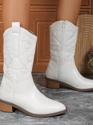 Stylish Mid-Calf Embroidered White Cowboy Boots - Image 4