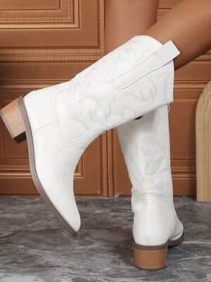 Stylish Mid-Calf Embroidered White Cowboy Boots - Image 5