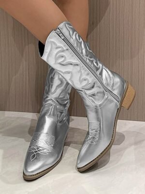 Stylish Mid-Calf Embroidered White Cowboy Boots - Image 9