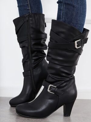Stylish Mid-Calf Slouch Buckle Strap Block Heel Boots - Image 1