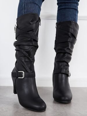 Stylish Mid-Calf Slouch Buckle Strap Block Heel Boots - Image 2