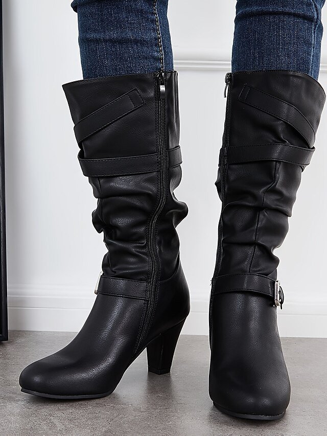Stylish Mid-Calf Slouch Buckle Strap Block Heel Boots - Image 3