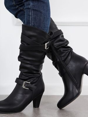 Stylish Mid-Calf Slouch Buckle Strap Block Heel Boots - Image 4