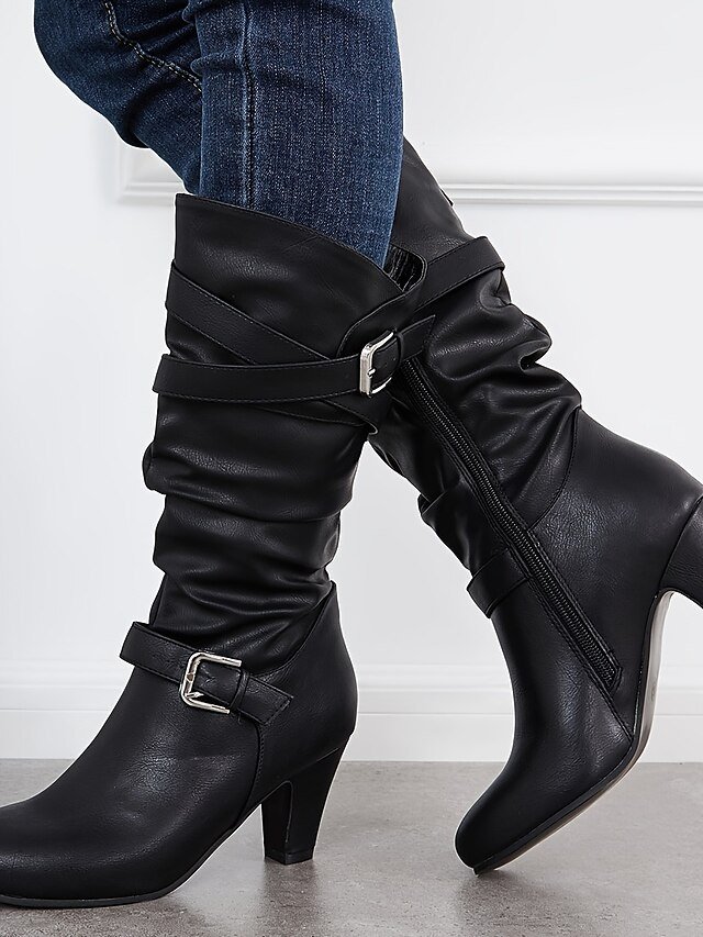 Stylish Mid-Calf Slouch Buckle Strap Block Heel Boots - Image 4