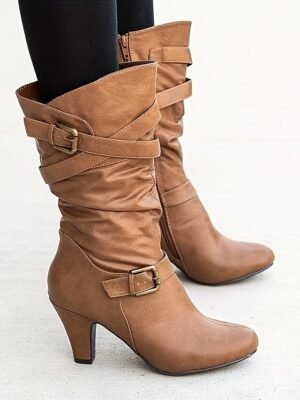 Stylish Mid-Calf Slouch Buckle Strap Block Heel Boots - Image 5