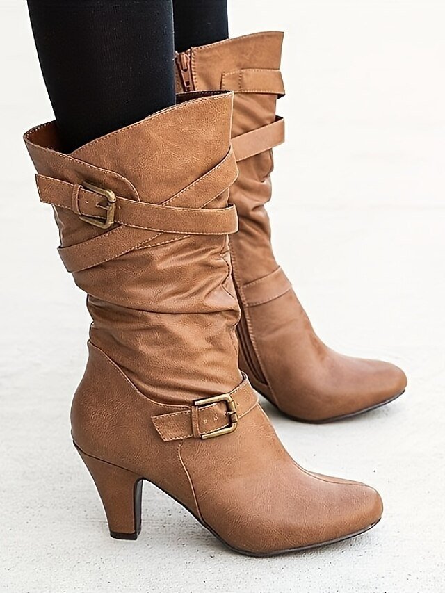 Stylish Mid-Calf Slouch Buckle Strap Block Heel Boots - Image 5