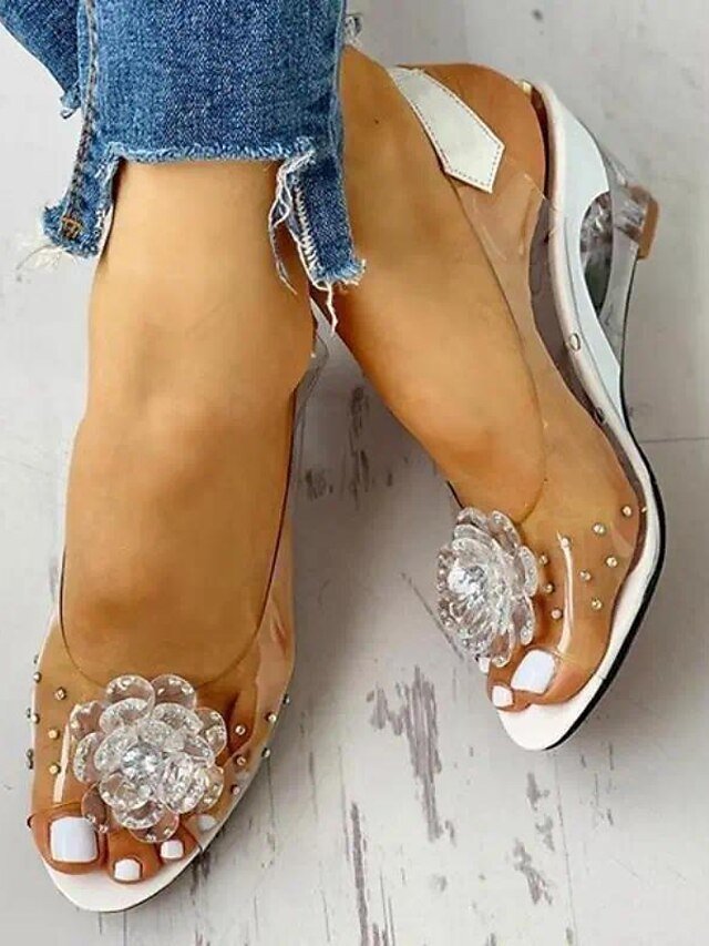 Stylish Open-Toe Floral Rhinestone Transparent Wedge Sandals - Image 2