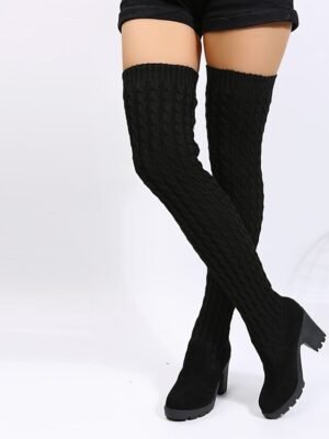 Stylish Over-the-Knee Knitted Round Toe Chunky Heel Boots - Image 1