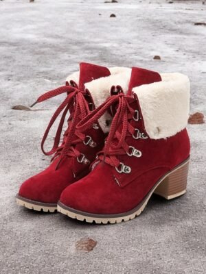 Stylish Red Suede Lace-Up Ankle Boots with Faux Fur Collar - Image 1