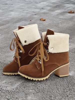 Stylish Red Suede Lace-Up Ankle Boots with Faux Fur Collar - Image 11