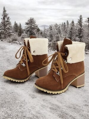 Stylish Red Suede Lace-Up Ankle Boots with Faux Fur Collar - Image 12