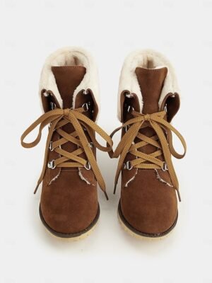 Stylish Red Suede Lace-Up Ankle Boots with Faux Fur Collar - Image 15