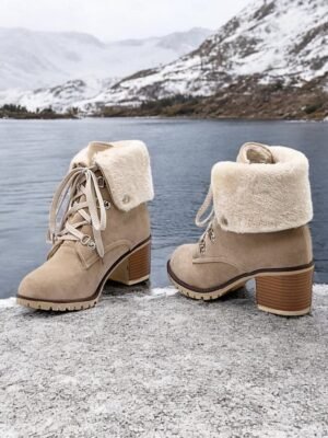 Stylish Red Suede Lace-Up Ankle Boots with Faux Fur Collar - Image 16