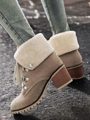 Stylish Red Suede Lace-Up Ankle Boots with Faux Fur Collar - Image 18