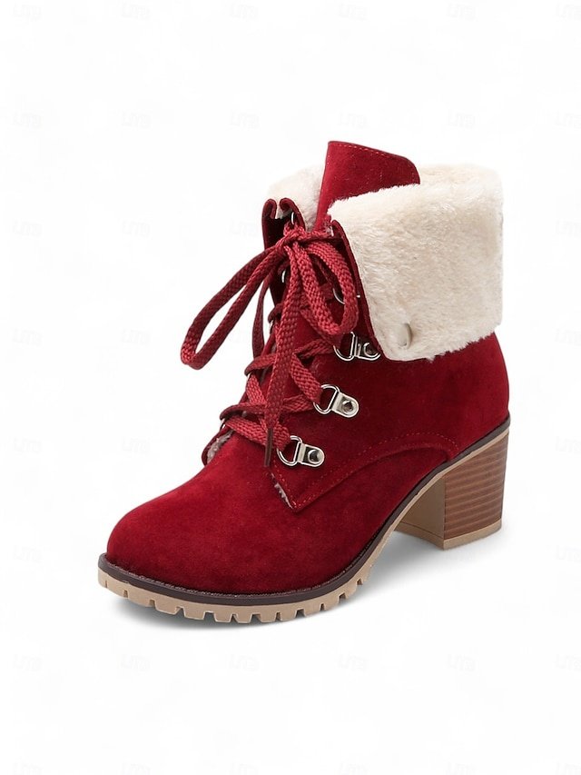 Stylish Red Suede Lace-Up Ankle Boots with Faux Fur Collar - Image 2