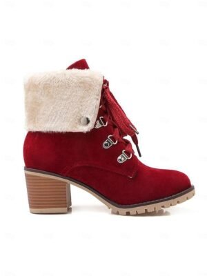 Stylish Red Suede Lace-Up Ankle Boots with Faux Fur Collar - Image 3