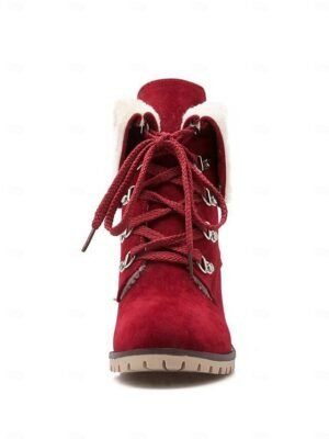 Stylish Red Suede Lace-Up Ankle Boots with Faux Fur Collar - Image 4