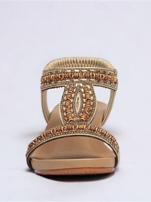 Stylish Rhinestone Embellished Elastic Strap Wedge Sandals - Image 9