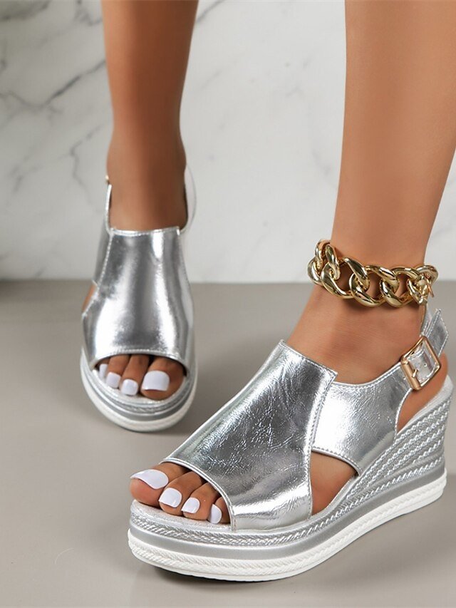 Stylish Silver Metallic Open-Toe Wedge Sandals - Image 1