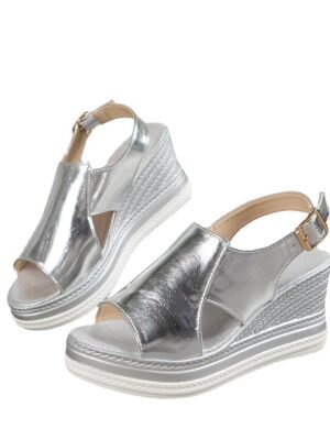 Stylish Silver Metallic Open-Toe Wedge Sandals - Image 2