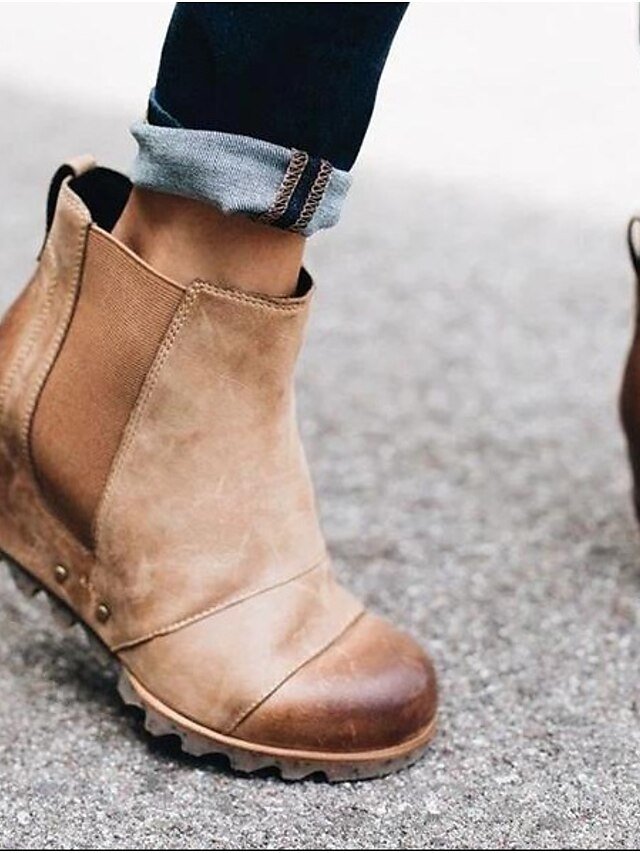 Stylish Slip-On Faux Leather Elastic Panel Wedge Ankle Boots - Image 1