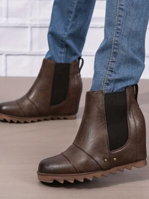 Stylish Slip-On Faux Leather Elastic Panel Wedge Ankle Boots - Image 9