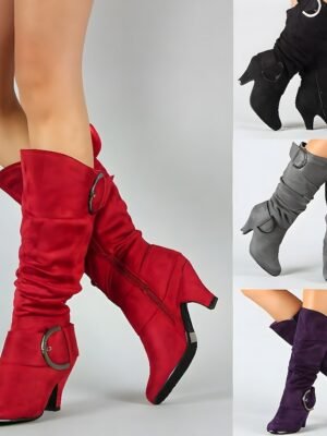 Stylish Slouchy Buckle Knee-High Suede Mid Heel Boots - Image 1