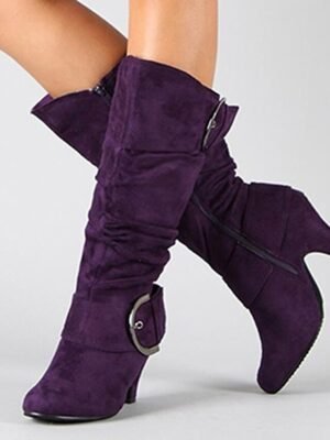 Stylish Slouchy Buckle Knee-High Suede Mid Heel Boots - Image 6