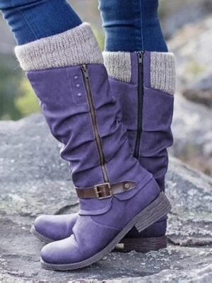 Stylish Slouchy Round Toe Knee-High Winter Boots - Image 4
