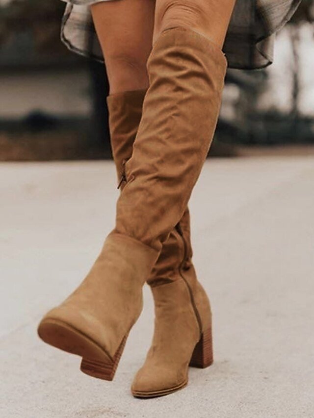 Stylish Tan Suede Pointed Toe Knee-High Block Heel Boots - Image 1