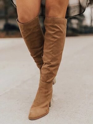 Stylish Tan Suede Pointed Toe Knee-High Block Heel Boots - Image 2