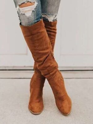 Stylish Tan Suede Pointed Toe Knee-High Block Heel Boots - Image 4