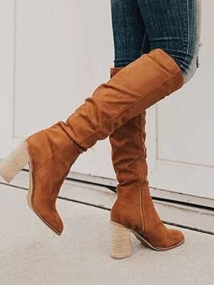 Stylish Tan Suede Pointed Toe Knee-High Block Heel Boots - Image 5