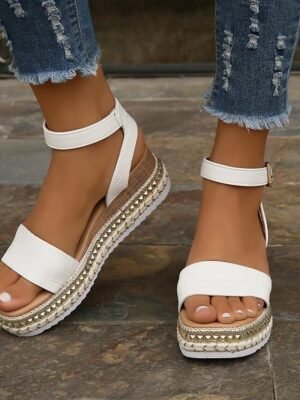Summer White Espadrille Platform Studded Ankle Strap Sandals - Image 1